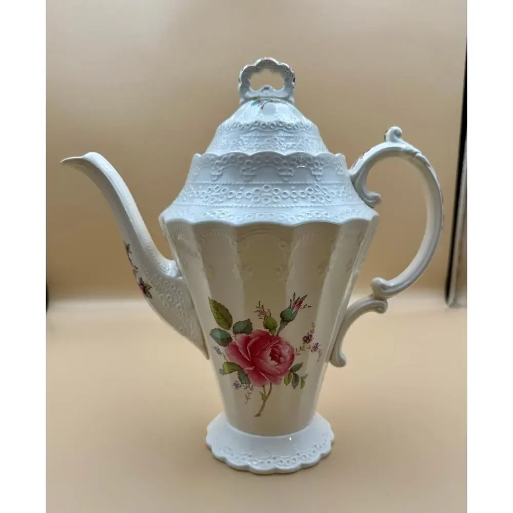 Vintage Spode Billingsley Rose Coffee Pot England Pink Roses Embossed Porcelain
